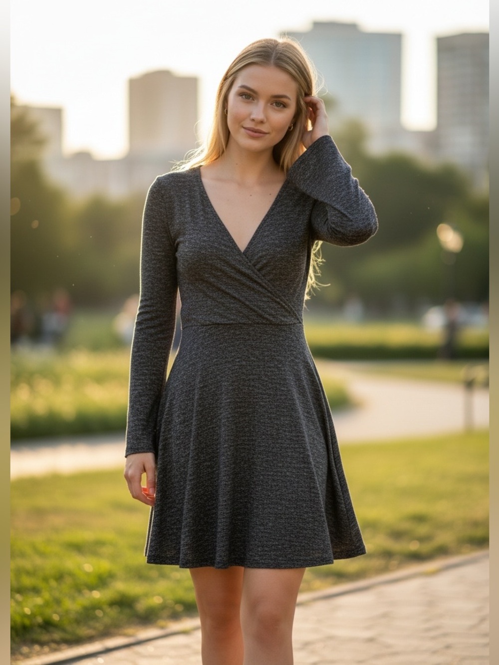 Express Gray Marled Wrap V Neck Fit & Flare Dress Bell Sleeve Size S